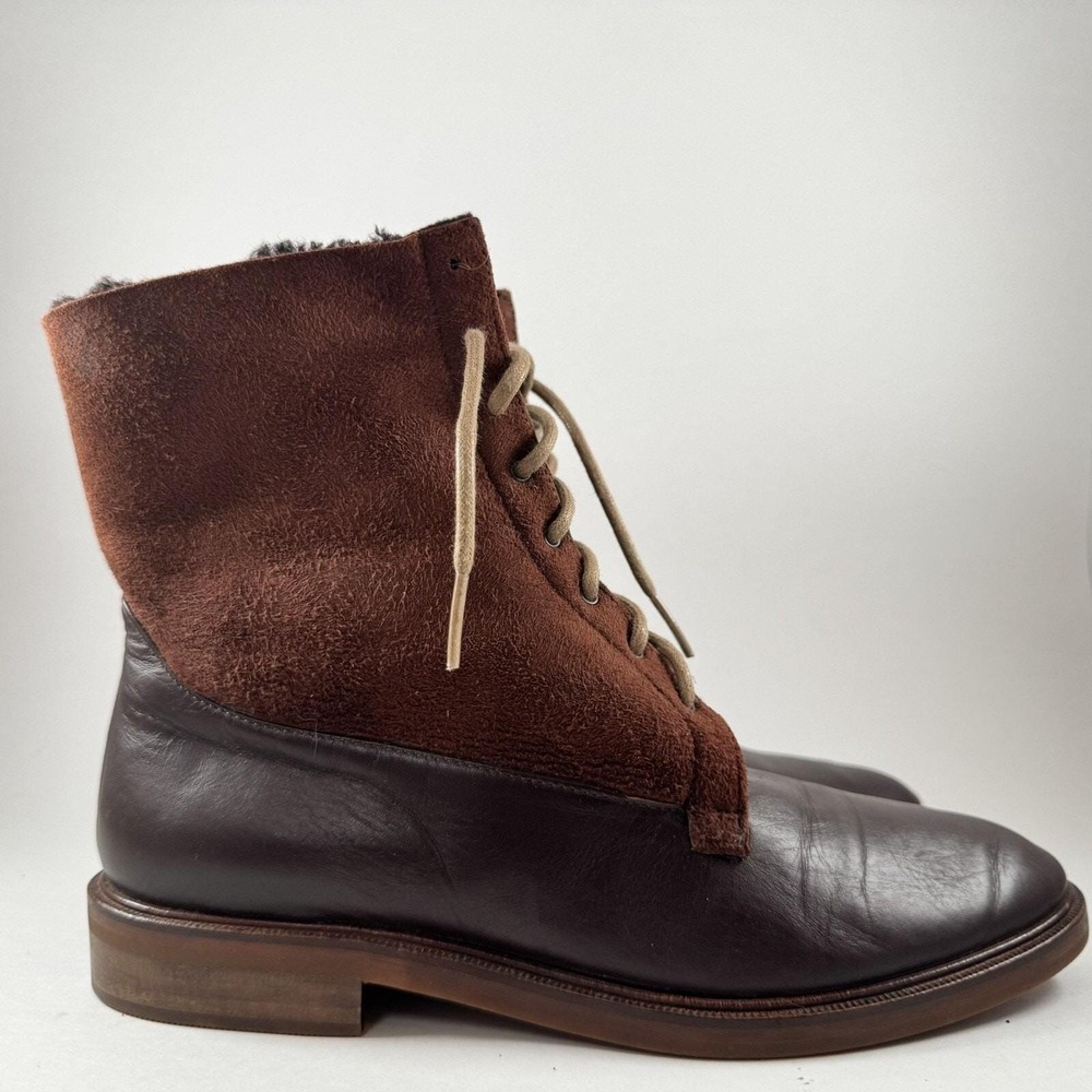 Brown Leather‎ Suede Lace Up Boots Faux Fur Lined Fold Over Ankle Ann Taylor - Picture 5 of 16